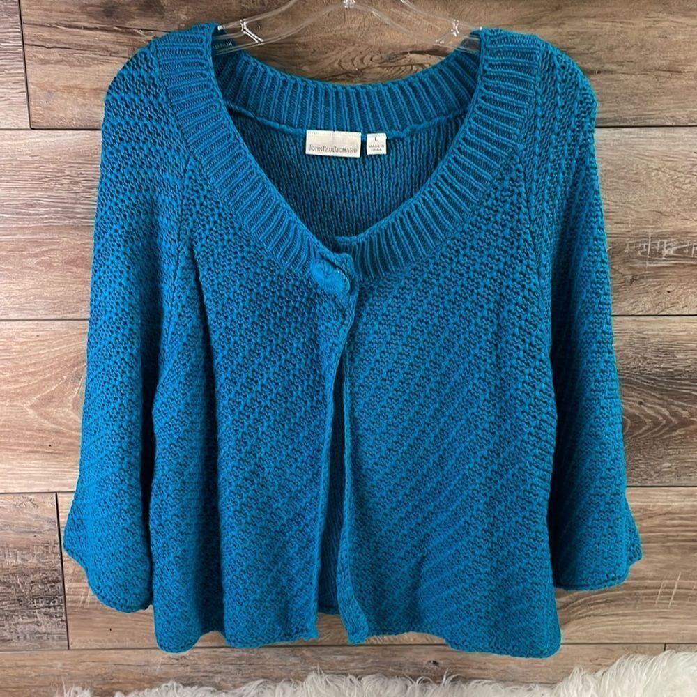John Paul Richard Teal Cropped Crocheted One Button Open Front Cardigan Size L